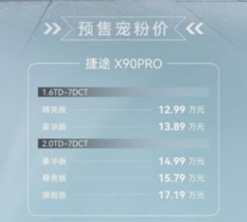 搭載1.6T/2.0T發動機,捷途X90 PRO預售價12.99萬元起